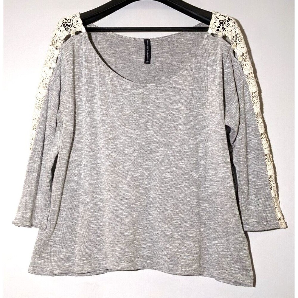 Yuni Los Angeles French Terry Top Gray with Cream Crochet Lace 3/4 Sleeve Sz XL